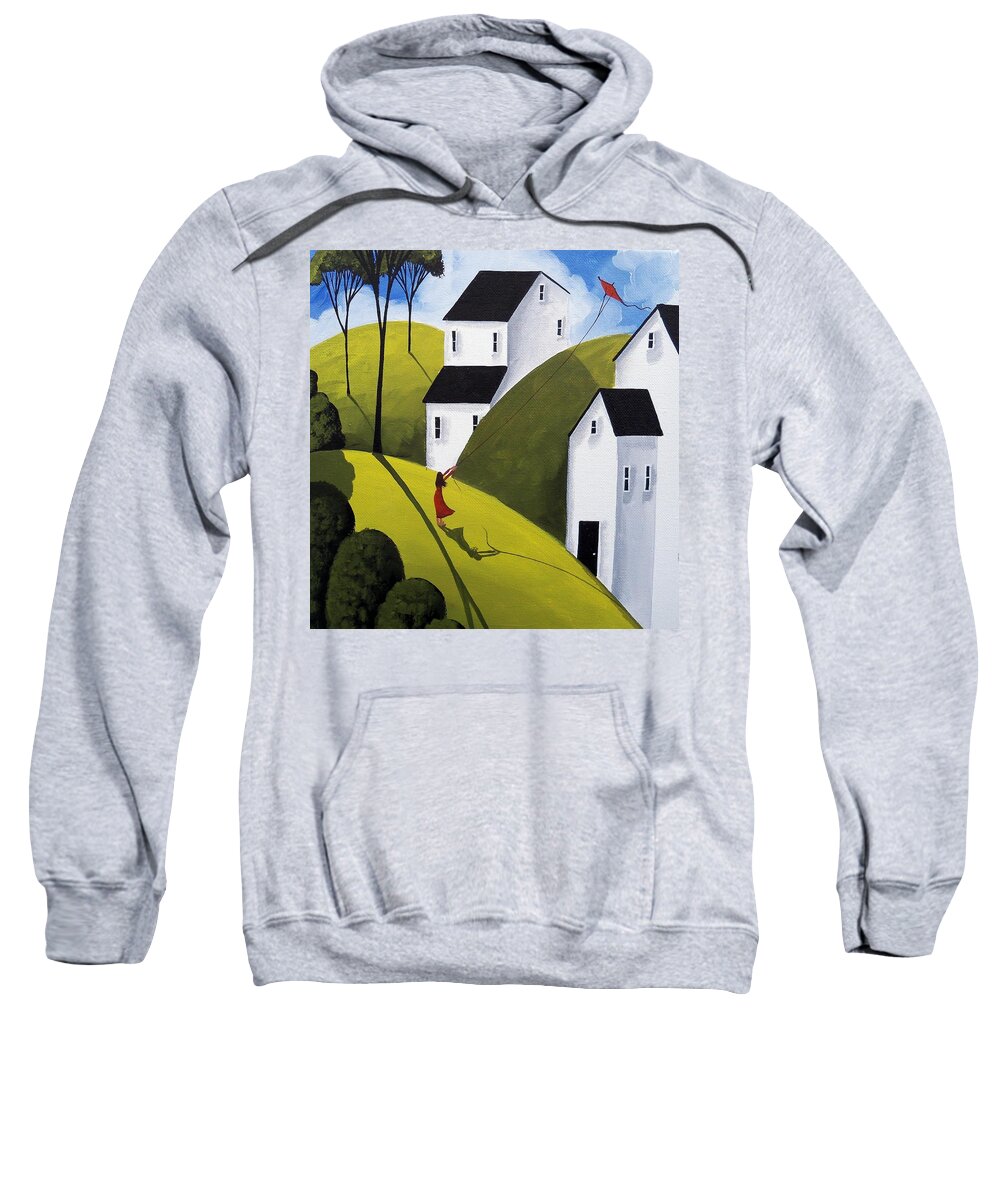 Art Sweatshirt featuring the painting Kite Day - folk art landscape by Debbie Criswell