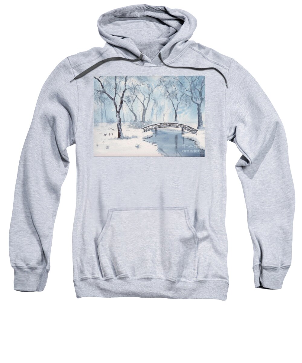 Lost Lagoon Sweatshirt featuring the painting Lagoon Under Snow by Watercolor Meditations