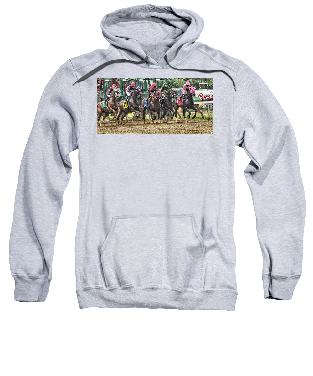 Race Horses Sweatshirt featuring the photograph Leaping forward by Jeffrey PERKINS