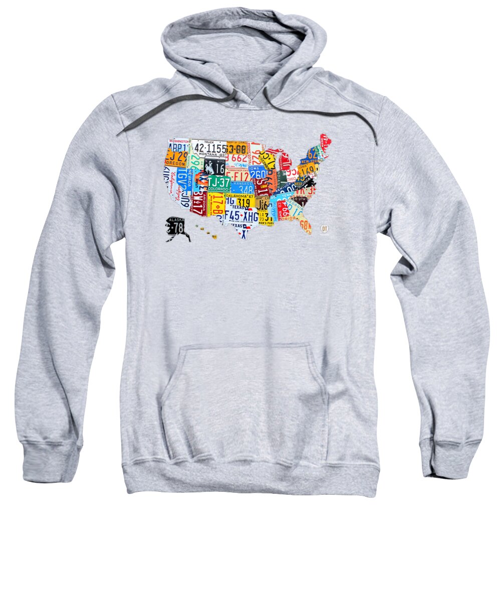 License Plate Map Sweatshirt featuring the mixed media License Plate Art Map of the United States on Yellow Board by Design Turnpike