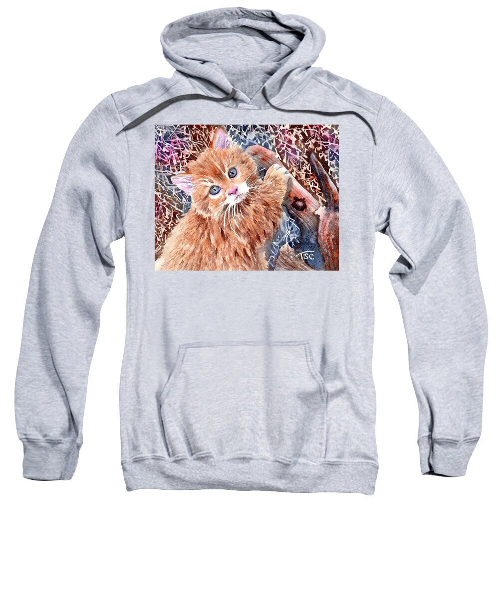 Kitty Sweatshirt featuring the painting Little Blue-eyed Kitty Looking Up at Me by Tammy Crawford