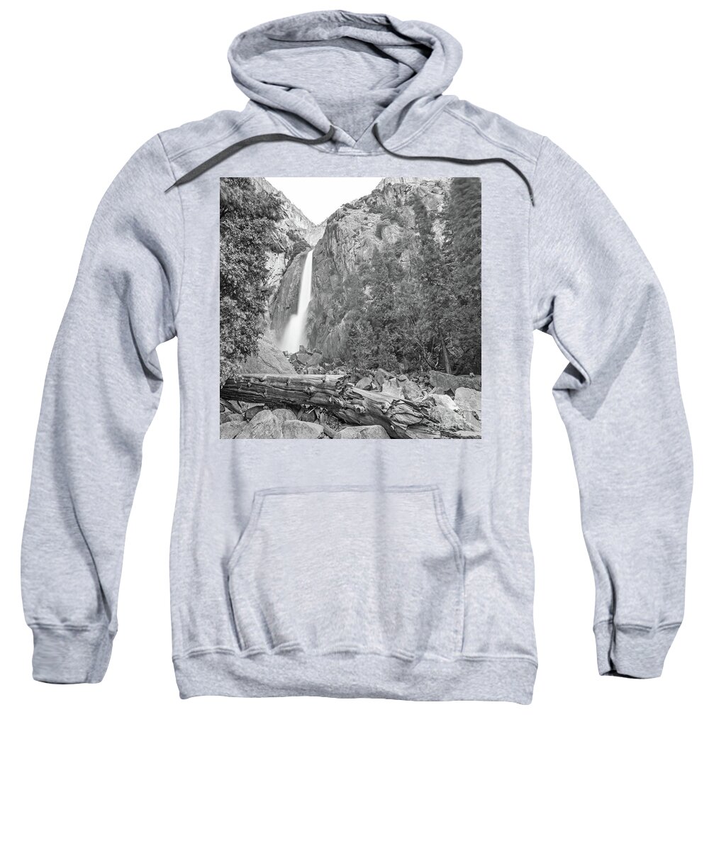 Lower Yosemite Falls In Black And White By Michael Tidwell Sweatshirt featuring the photograph Lower Yosemite Falls in Black and White by Michael Tidwell by Michael Tidwell