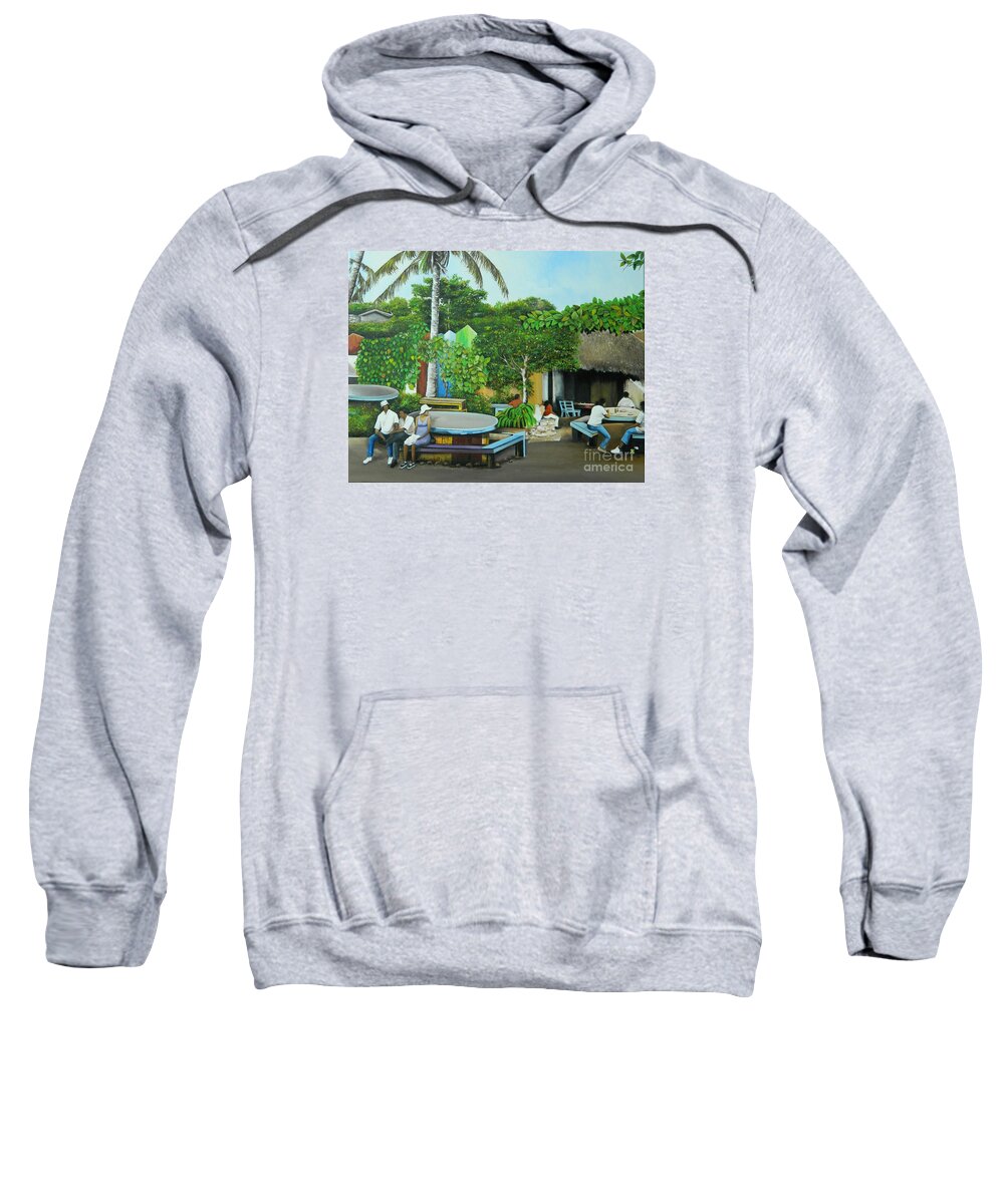 Tropical Art Sweatshirt featuring the painting Having Lunch At The Tiki Bar by Kenneth Harris