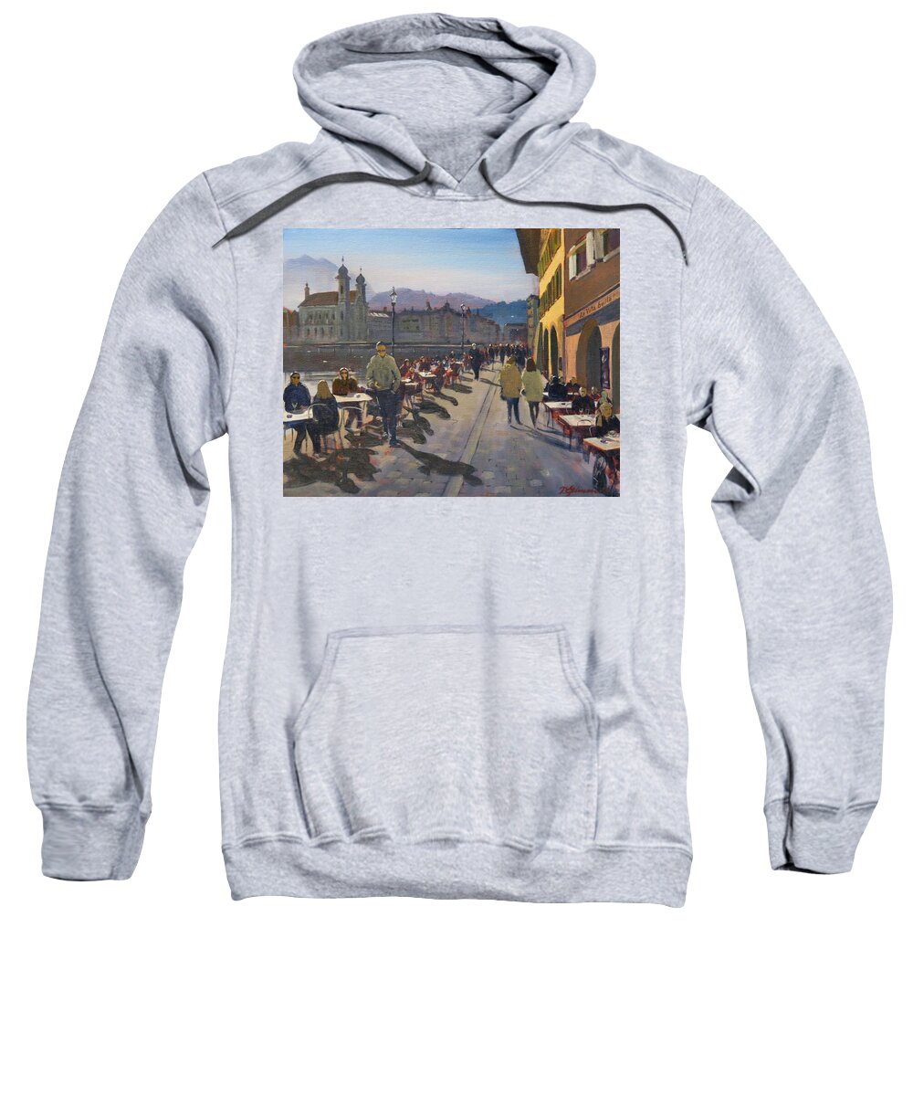 Switzerland Sweatshirt featuring the painting Lunchtime in Luzern by David Gilmore