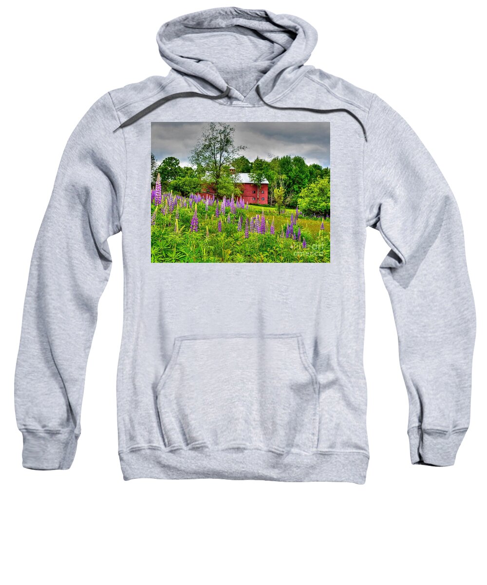 Sugar Hill Sweatshirt featuring the photograph Lupines and the Red Barn by Steve Brown