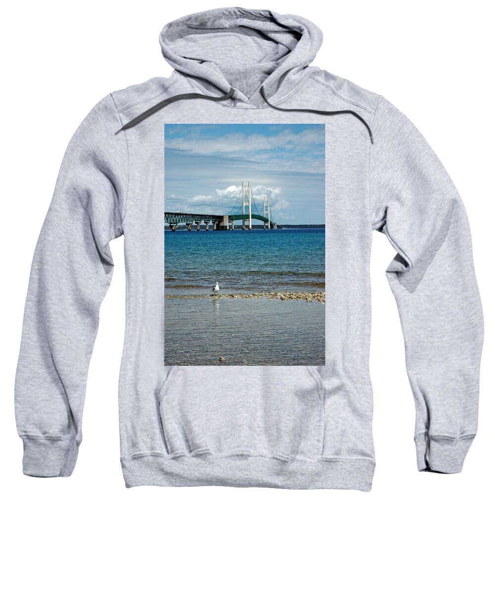 Usa Sweatshirt featuring the photograph Mackinac Bridge private seagull Beach by LeeAnn McLaneGoetz McLaneGoetzStudioLLCcom