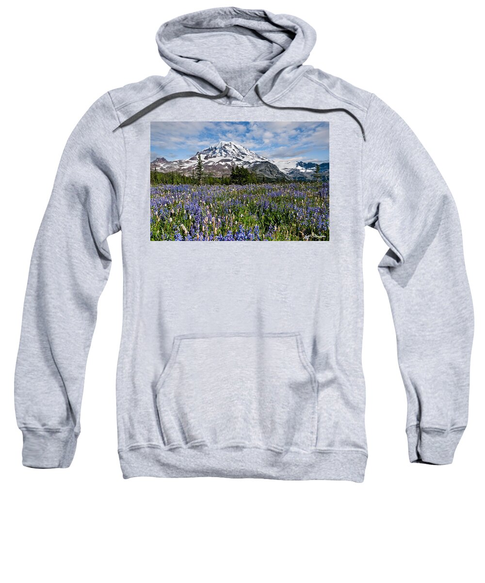 Alpine Sweatshirt featuring the photograph Meadow of Lupine Near Mount Rainier by Jeff Goulden
