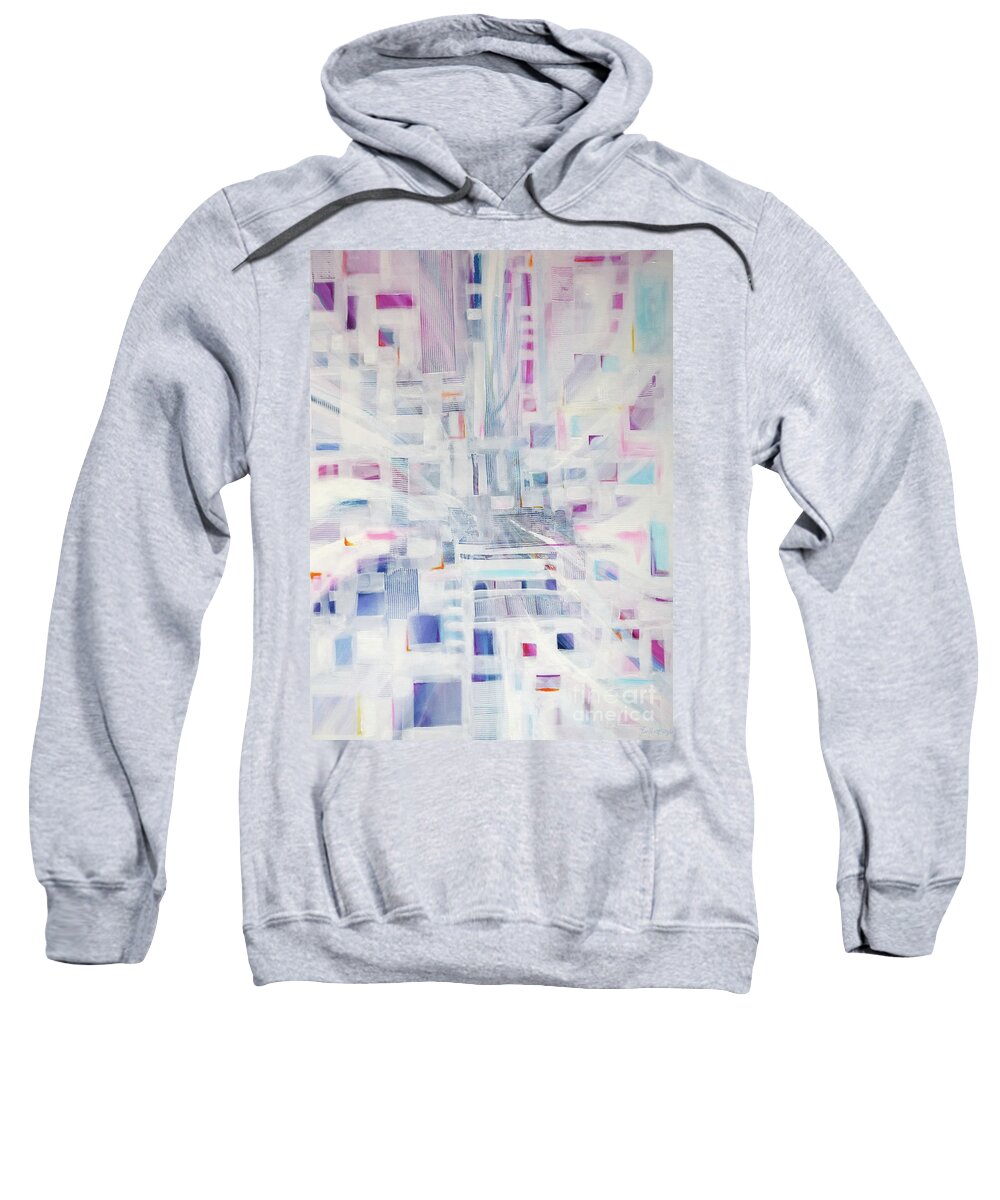 Original Painting On Canvas .mysterious And Compelling City Scape Enveloped By Mist .my Abstract Impression. Many Many Squares And Angles Sweatshirt featuring the painting Metropolis by Priscilla Batzell Expressionist Art Studio Gallery