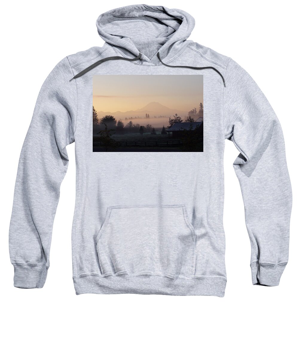 Mt. Rainier Sweatshirt featuring the photograph Misty Mt. Rainier Sunrise by Shirley Heyn