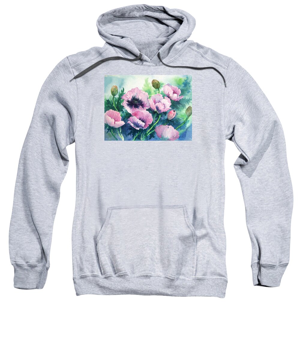 Poppies;floral;flowers;pink;garden; Sweatshirt featuring the painting Mother's Prize Poppies by Lois Mountz