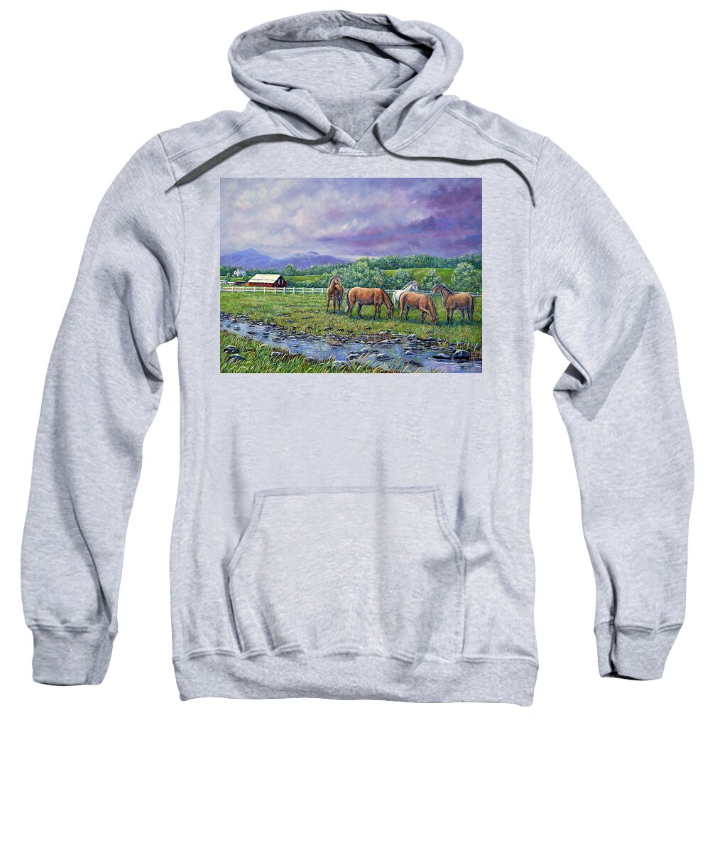 Landscape Mountains Farm Horses Barn Rain Clouds Stream Purple Green Grass Sweatshirt featuring the painting Mountain Rain by Gail Butler