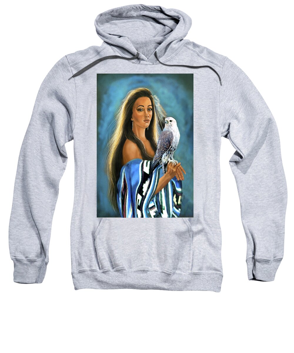 Artwork Sweatshirt featuring the painting Native American maiden with falcon by Regina Femrite
