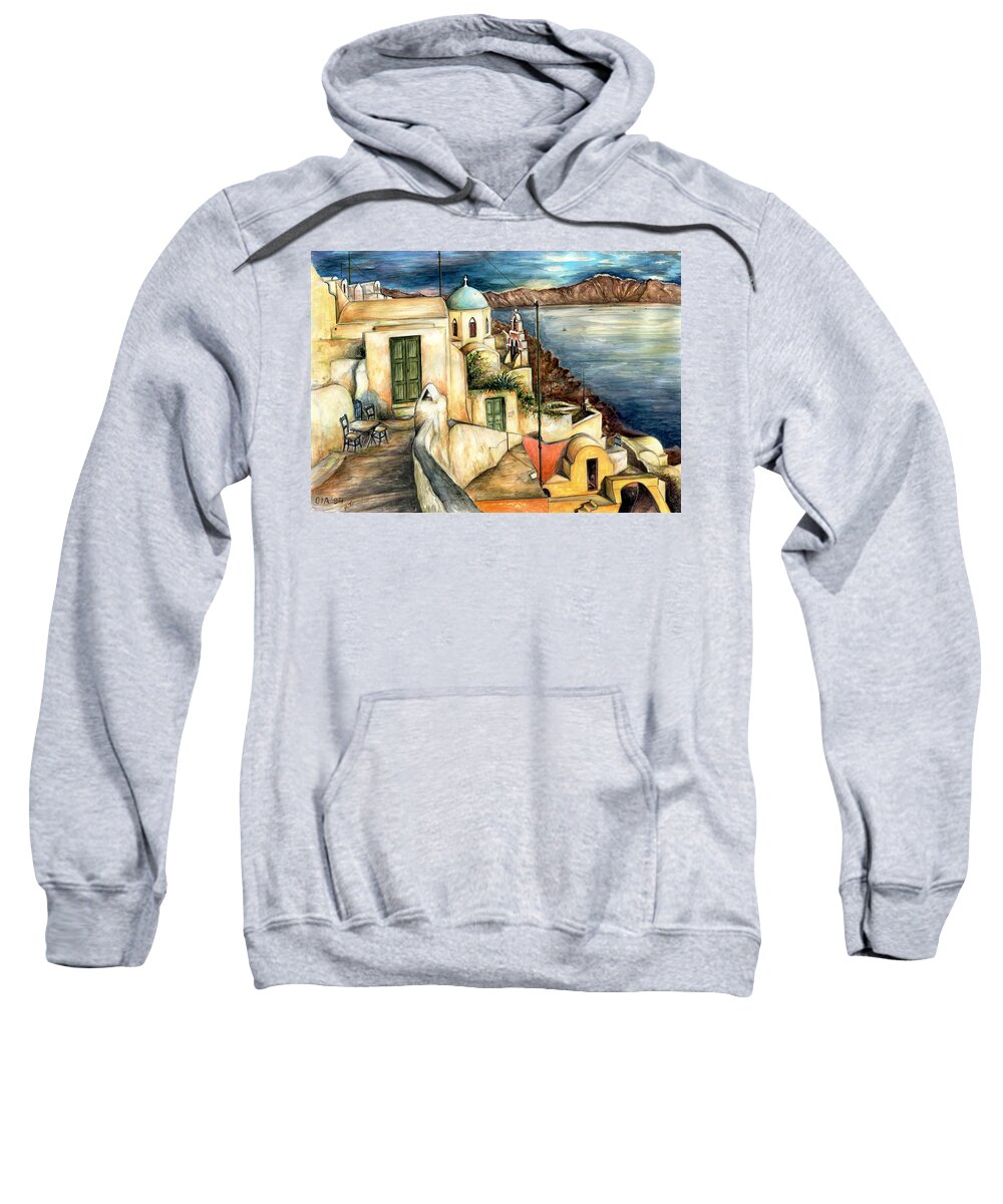 Santorini Sweatshirt featuring the painting Oia Santorini Greece - Watercolor by Peter Potter