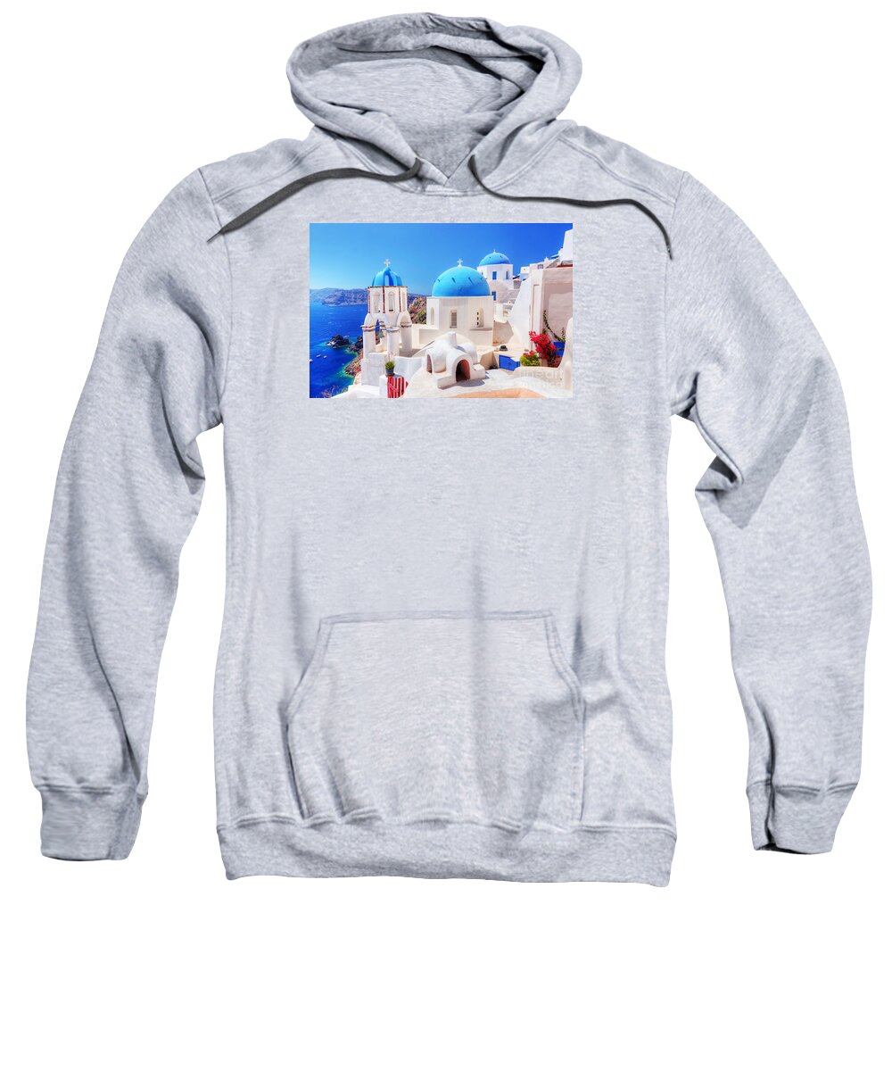 Greece Sweatshirt featuring the photograph Oia town on Santorini island Greece Aegean sea by Michal Bednarek