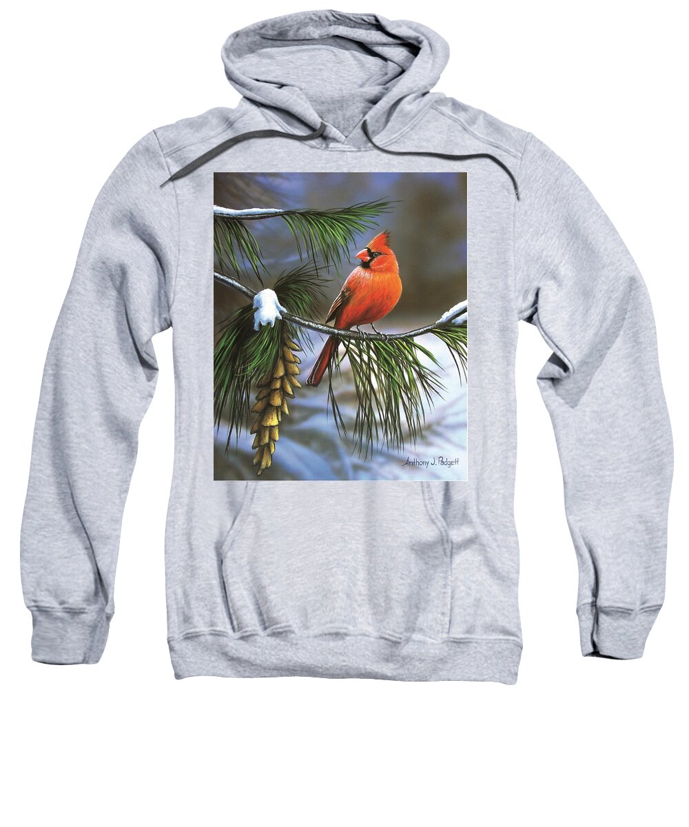 Cardinal Sweatshirt featuring the painting On Watch - Cardinal by Anthony J Padgett