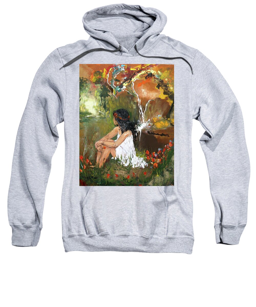Open Minded Waterfall Water Girl Woman Flowers Sunrise Stream Forest Nymph Trees Mountain Abstract Painting Print Thinking Thoughtful Day-light Frock Sweatshirt featuring the painting Open-minded by Miroslaw Chelchowski