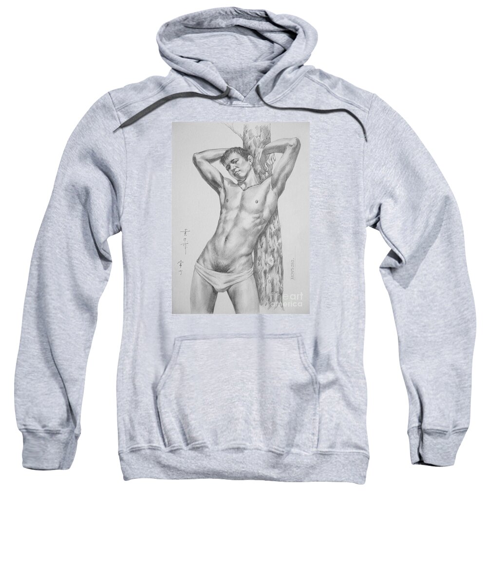 Charcoal Sweatshirt featuring the drawing Original Drawing Art Male Nude Men Gay Interest Boy On Paper By Hongtao #11-16-06 by Hongtao Huang