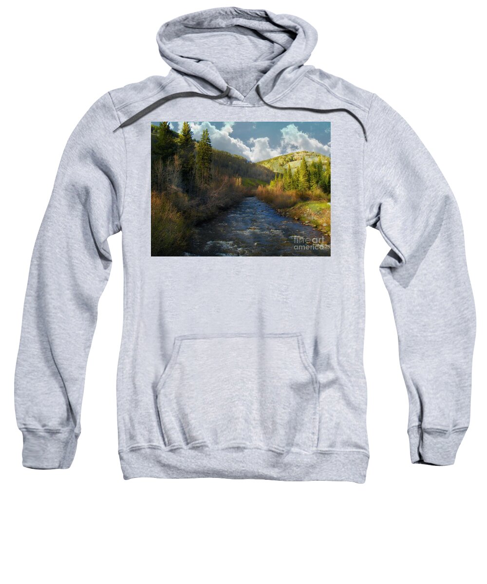 Origins Of Delores River San Juan Mountains Colorado Sweatshirt featuring the digital art Origins of Delores River by Annie Gibbons