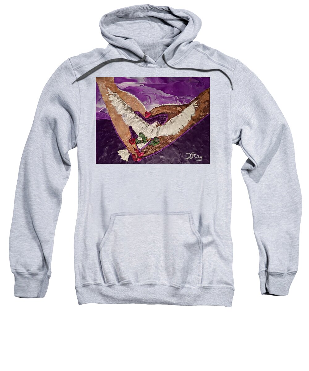 Hands Sweatshirt featuring the mixed media Peace and Love by Deborah Stanley