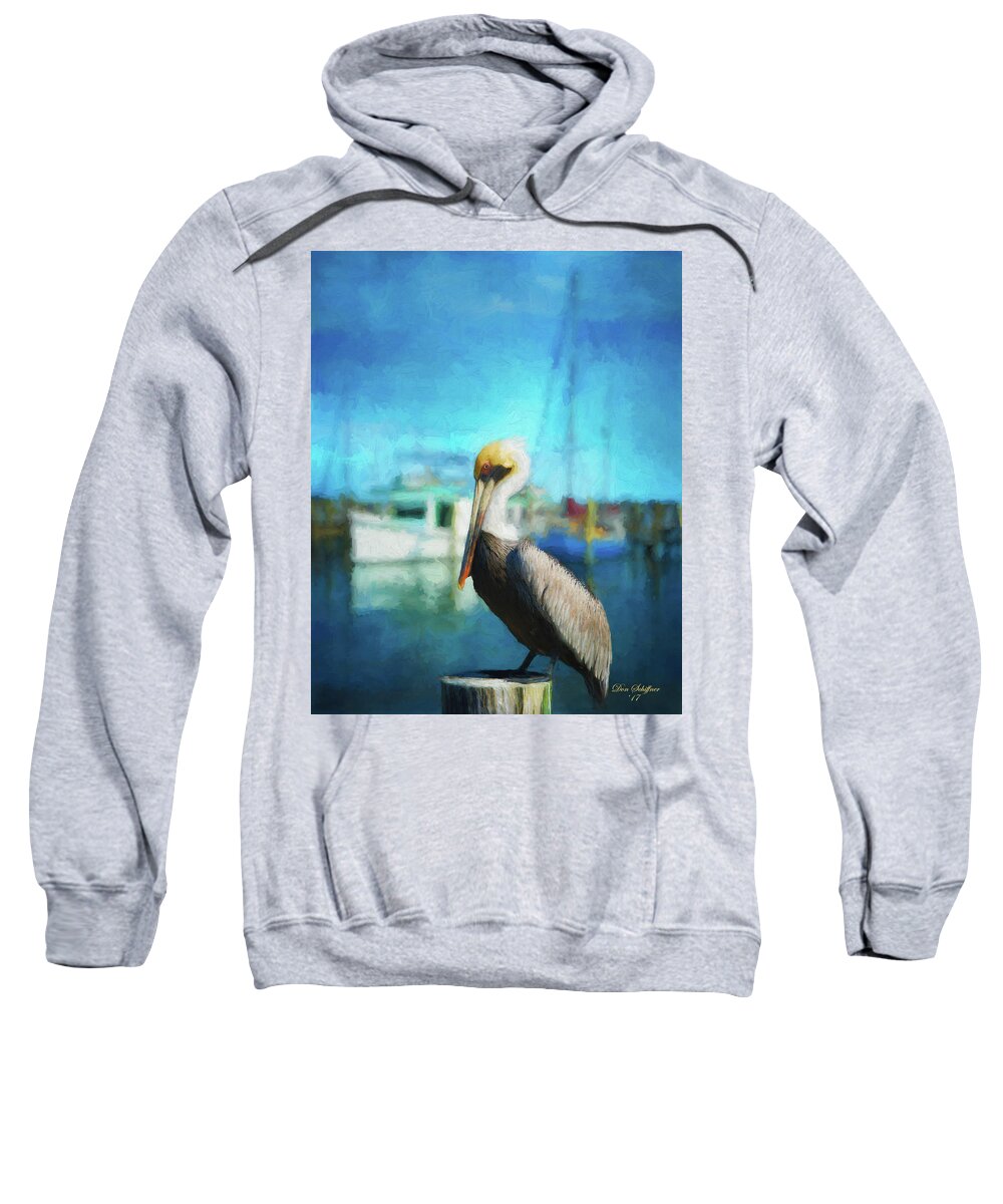 Pelican Sweatshirt featuring the digital art Pelican and Boats by Don Schiffner