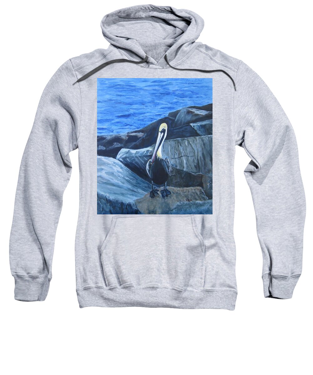 Pelican Sweatshirt featuring the painting Pelican On The Rocks by Paula Pagliughi