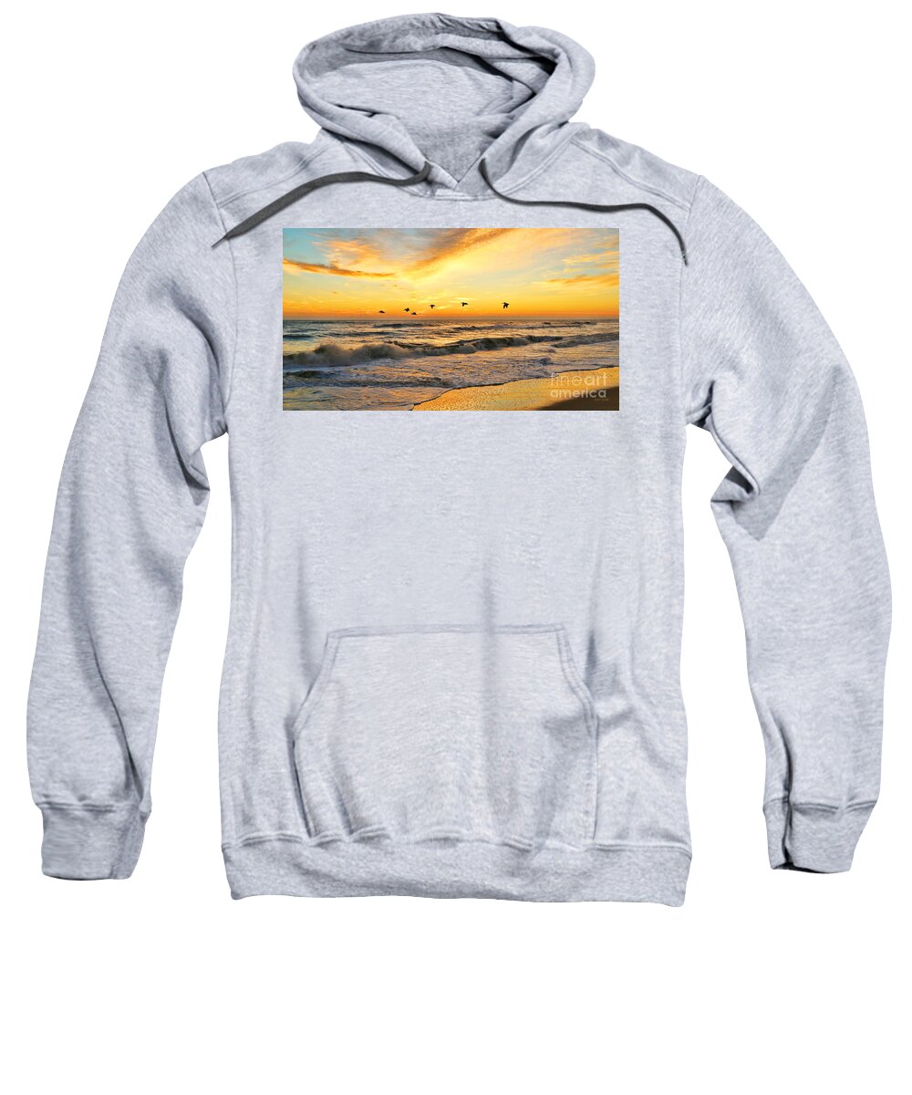 Pelicans Sweatshirt featuring the photograph Pelicans at Sunrise signed 4651b 2 by Jack Schultz