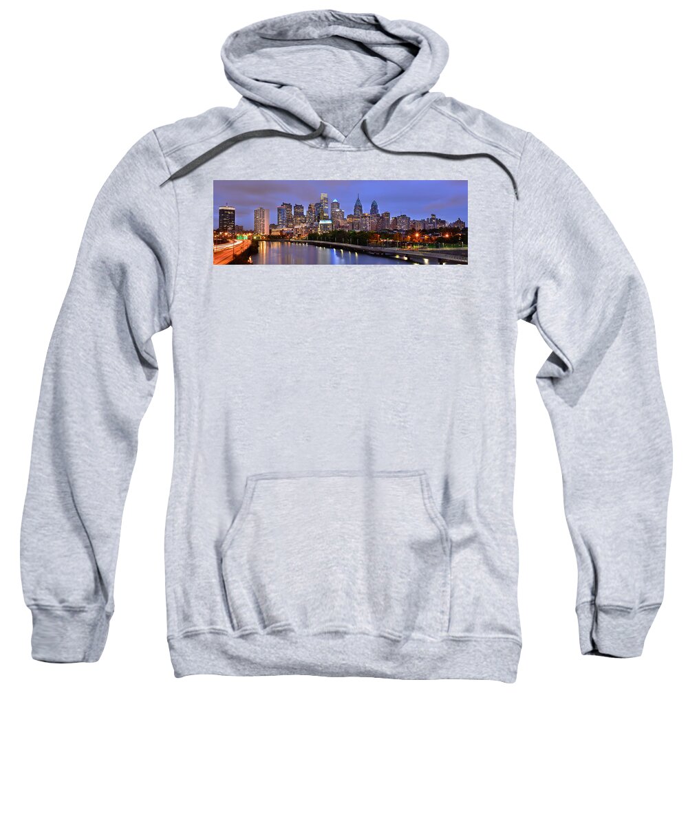 Philadelphia Skyline Dusk Sweatshirt featuring the photograph Philadelphia Philly Skyline at Dusk from near South Color Panorama by Jon Holiday