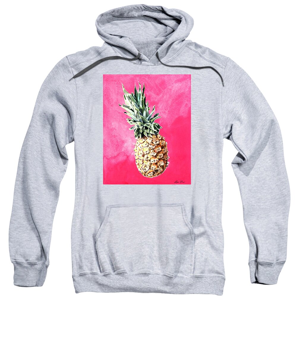 Pink Pineapple Sweatshirt featuring the painting Pink Pineapple Bright Fruit Still Life Healthy Living Yoga Inspiration Tropical Island Kawaii Cute by Laura Row