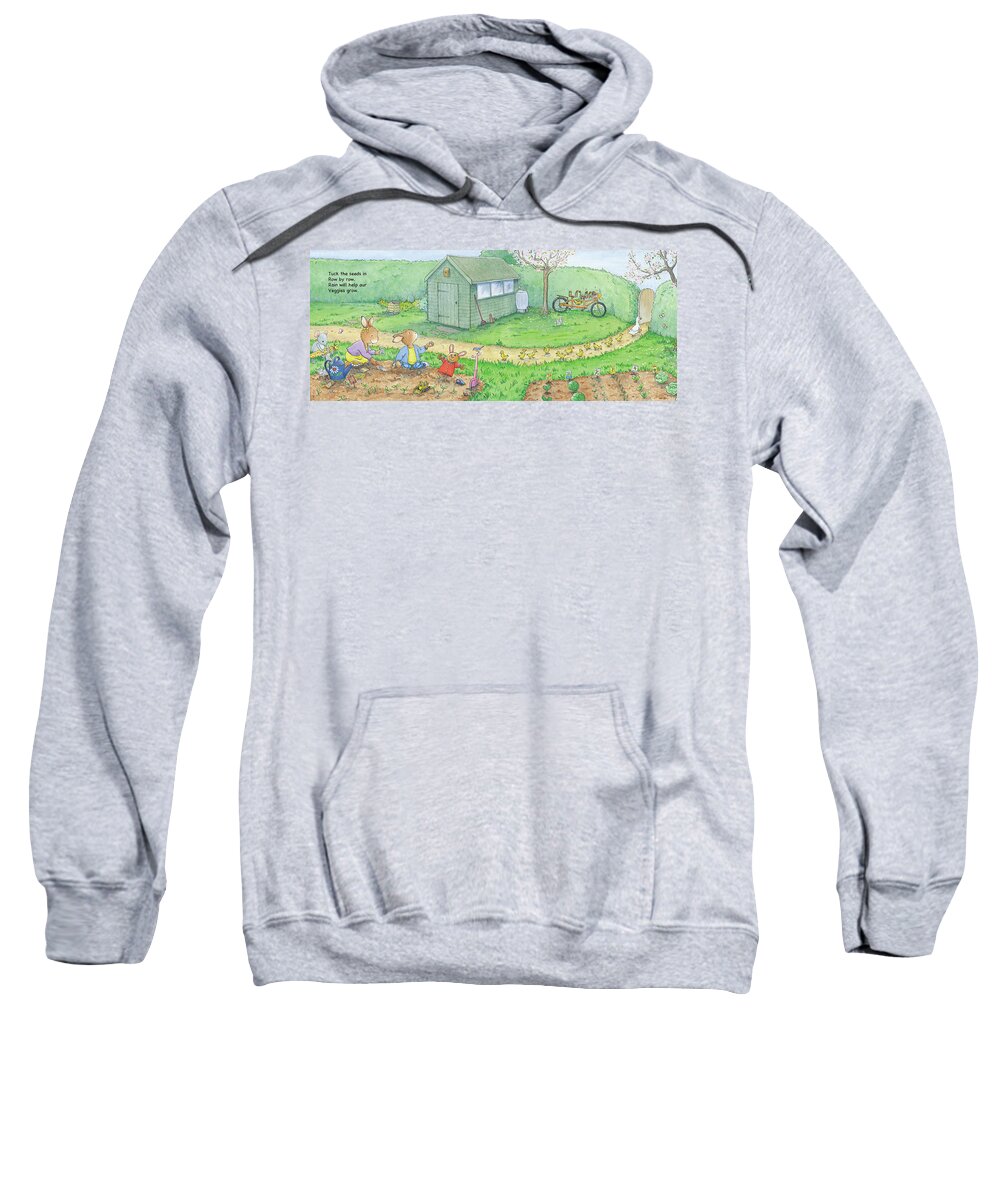  Sweatshirt featuring the painting Planting a Vegetable Garden -- With Text by June Goulding