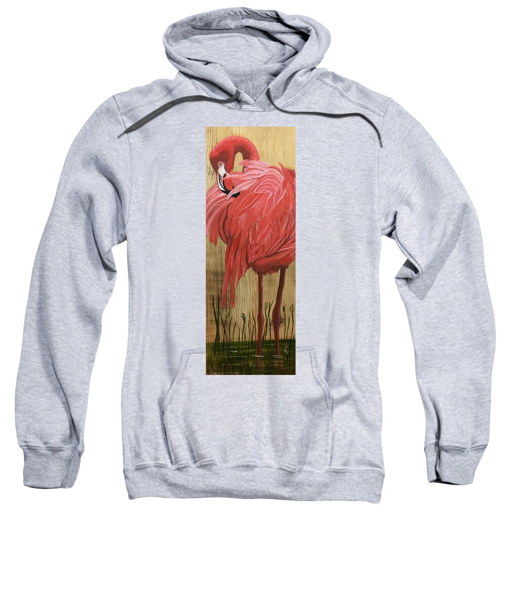  Flamingo Sweatshirt featuring the painting Preening Flamingo by Debbie LaFrance