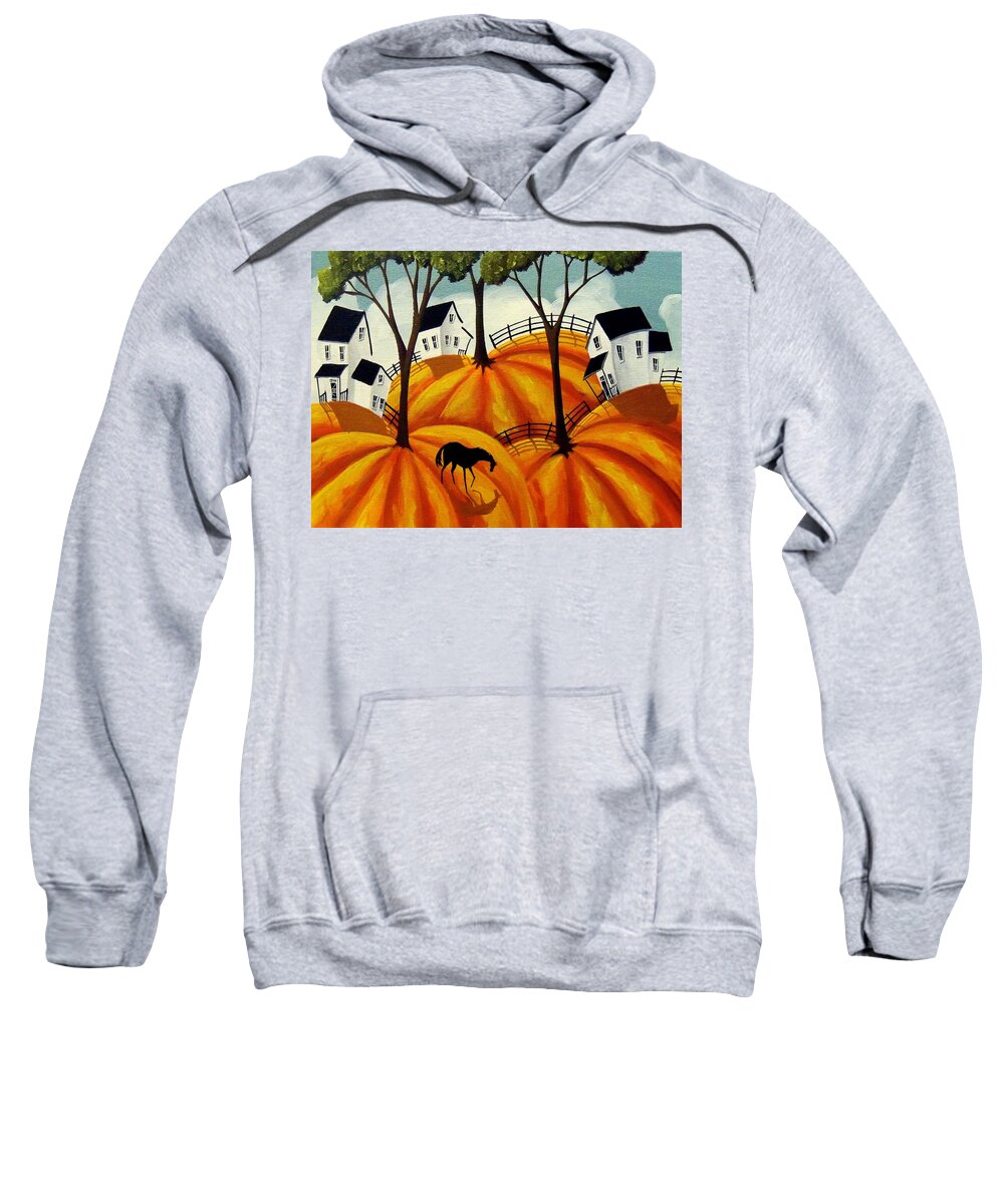Folk Art Sweatshirt featuring the painting Pumpkin Firelds - abstract folk art by Debbie Criswell