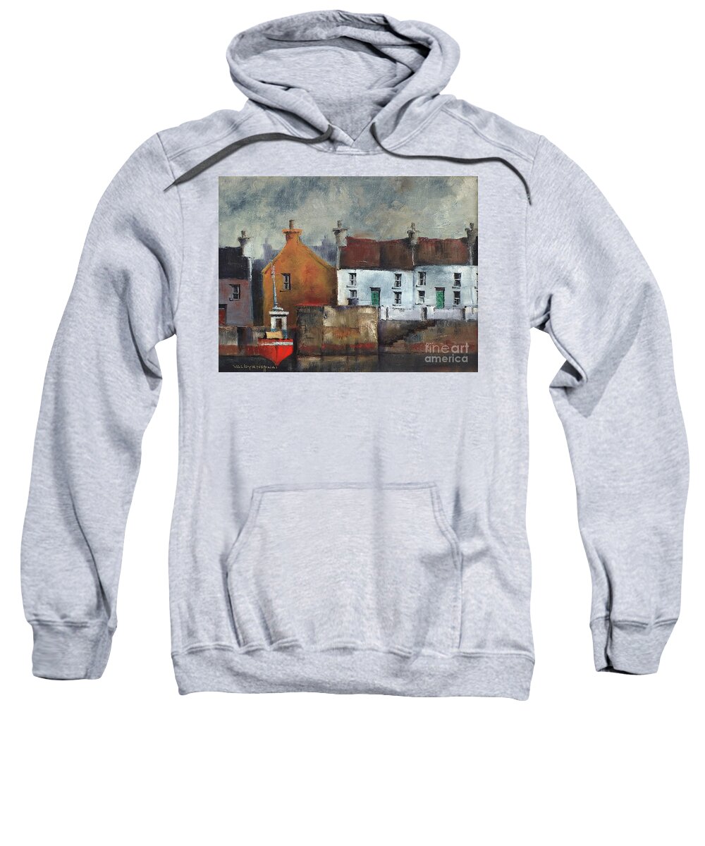  Sweatshirt featuring the painting Red Boat in Aran by Val Byrne
