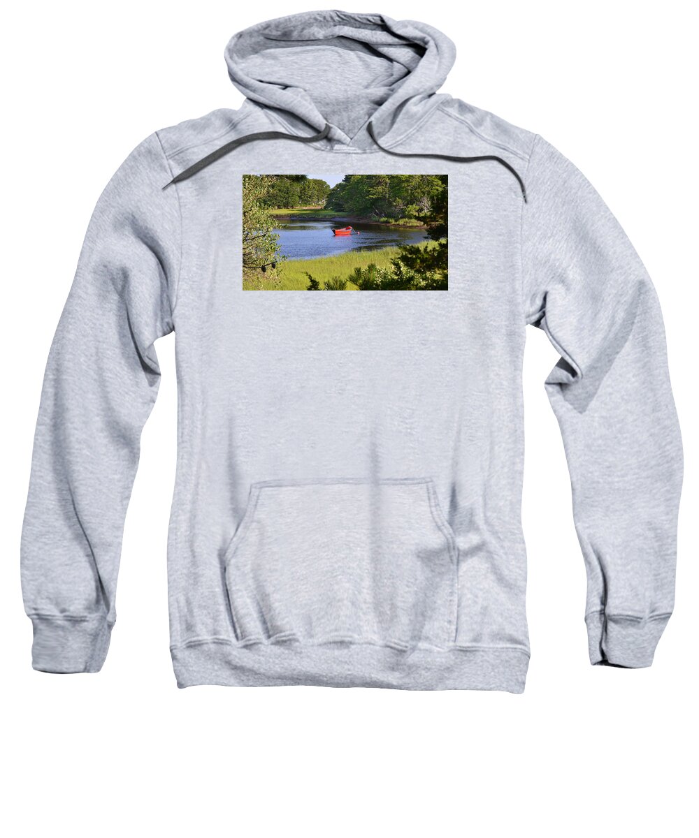 Cape Cod Sweatshirt featuring the photograph Red Boat on the Herring River by Ken Stampfer