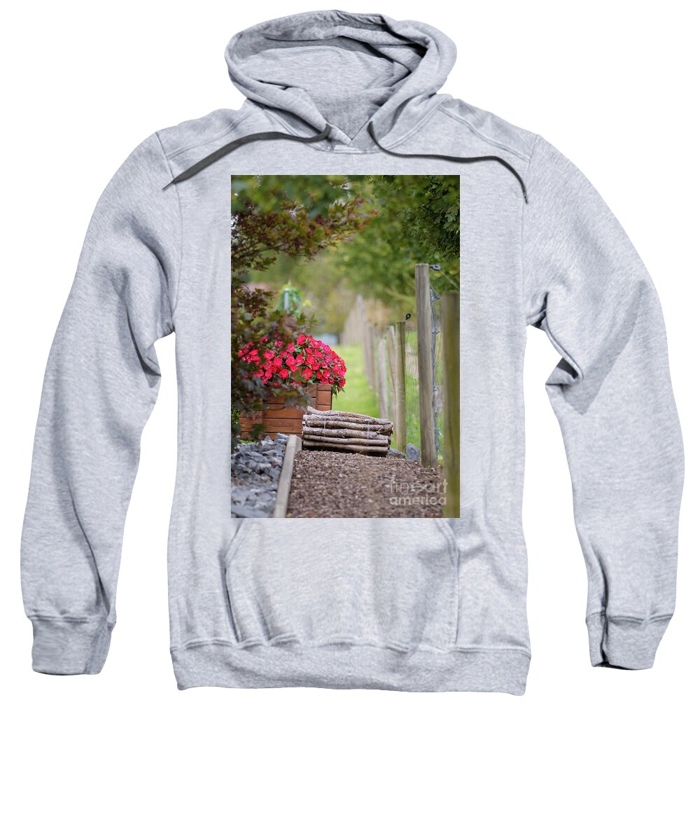 Country Sweatshirt featuring the photograph Red flowerd with Fende and wood billet bundle by Amanda Mohler
