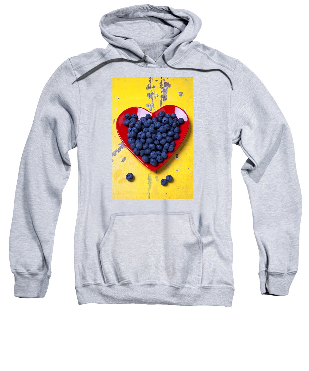 Red Heart Shaped Plate Sweatshirt featuring the photograph Red heart plate with blueberries by Garry Gay