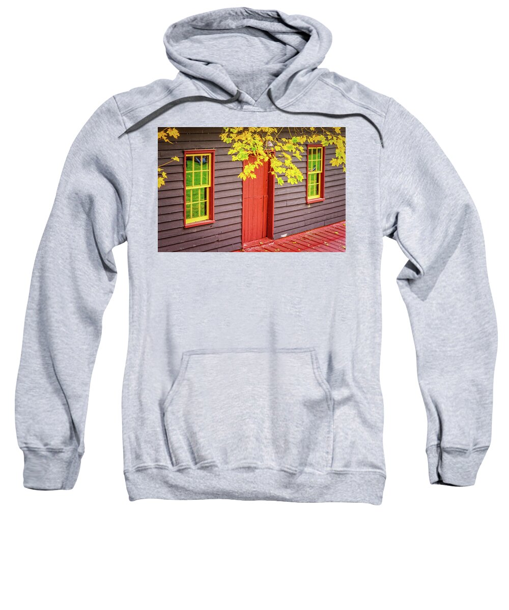 Landscape Sweatshirt featuring the photograph Red Mill Door in Fall by Joe Shrader