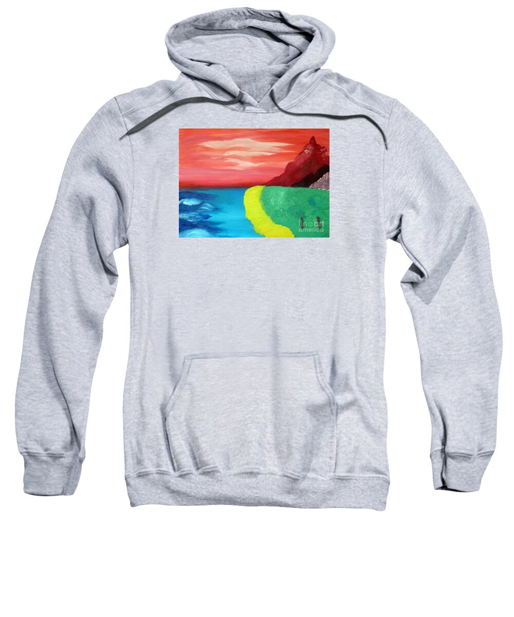 Red Sweatshirt featuring the painting Red mountain by the sea by Francesca Mackenney