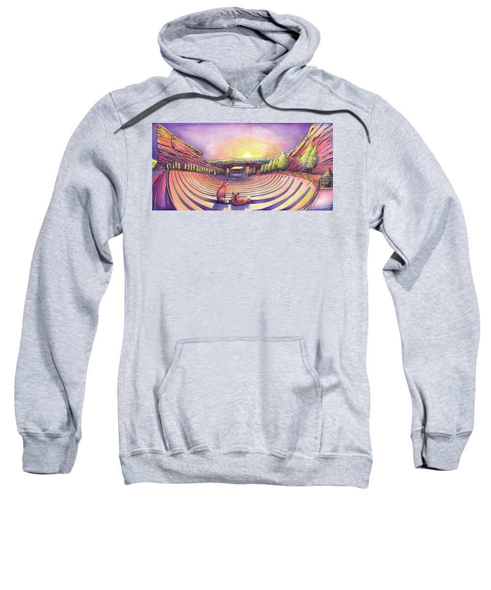 Red Rocks Sweatshirt featuring the painting Foxes at Red Rocks Sunrise by David Sockrider