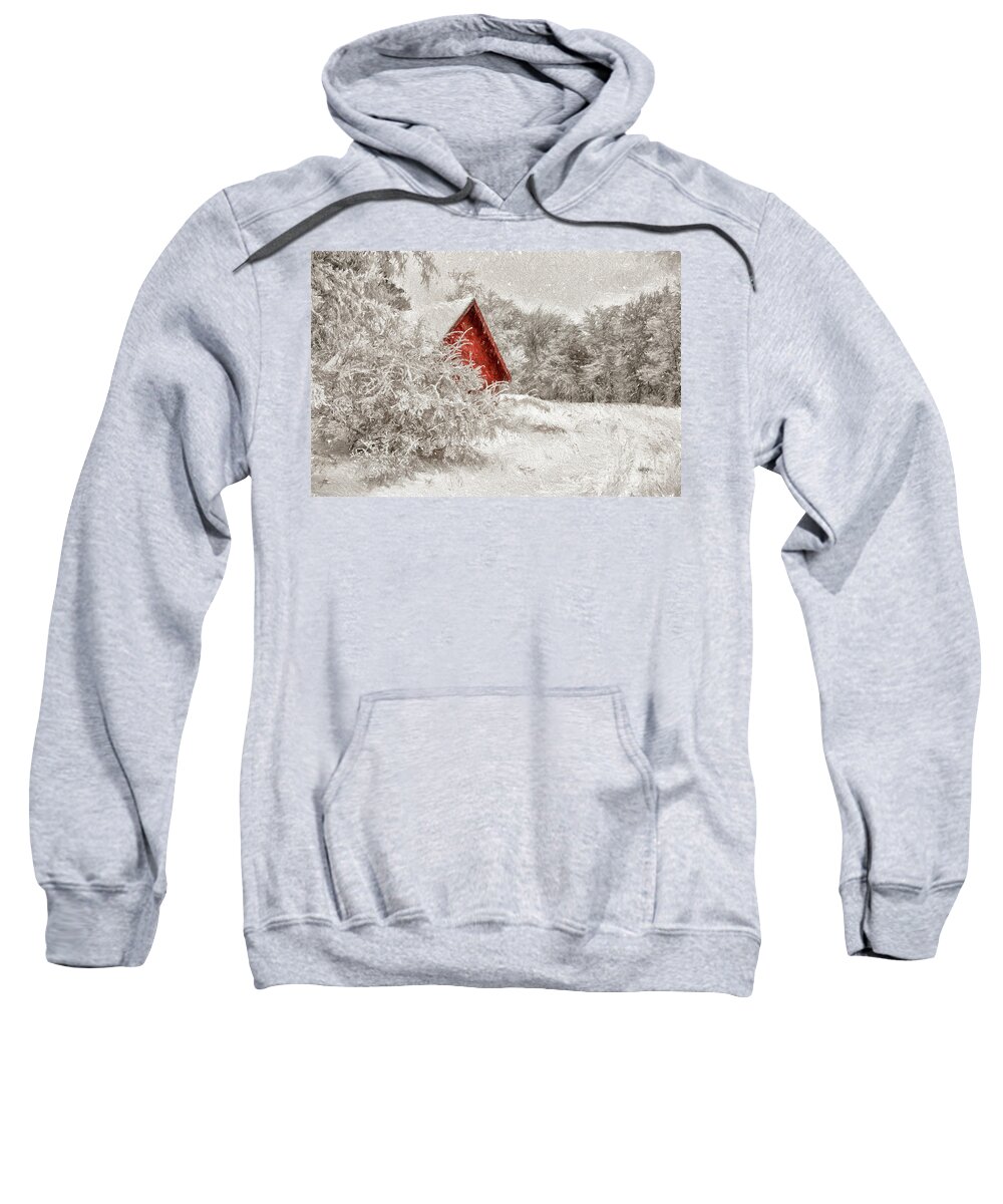 Shed Sweatshirt featuring the digital art Red Shed In The Snow by Lois Bryan