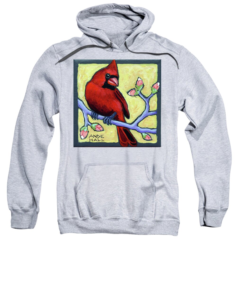 Cardinal Sweatshirt featuring the painting Redbird With Buds by Ande Hall