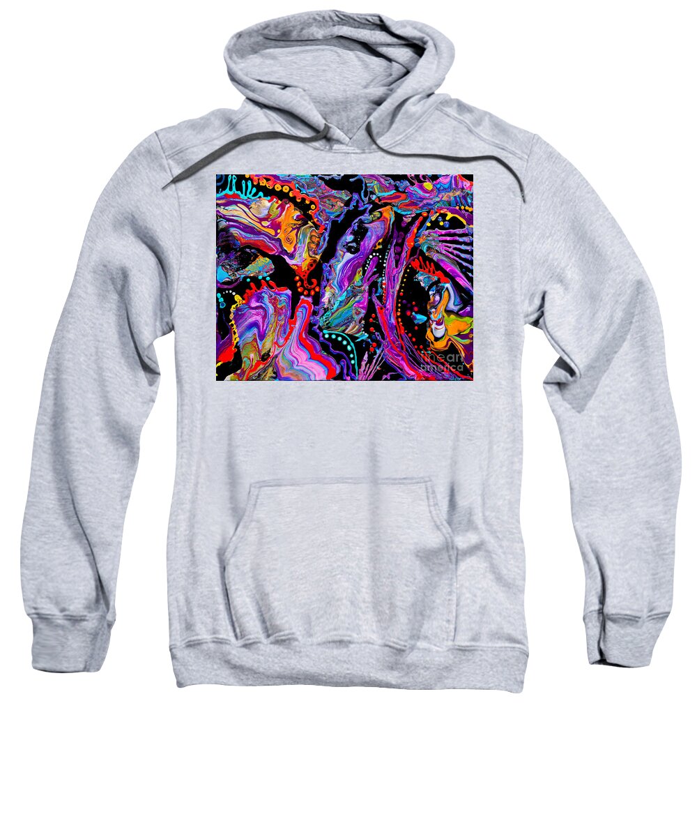 Fun Fishy Compelling Bright Colorful Popping Abstract Fluid-acrylics Contemporary Modern Fantasy-reef Black Bright Orange Blues Purple Sweatshirt featuring the painting Reef Fantasy #3081 by Priscilla Batzell Expressionist Art Studio Gallery
