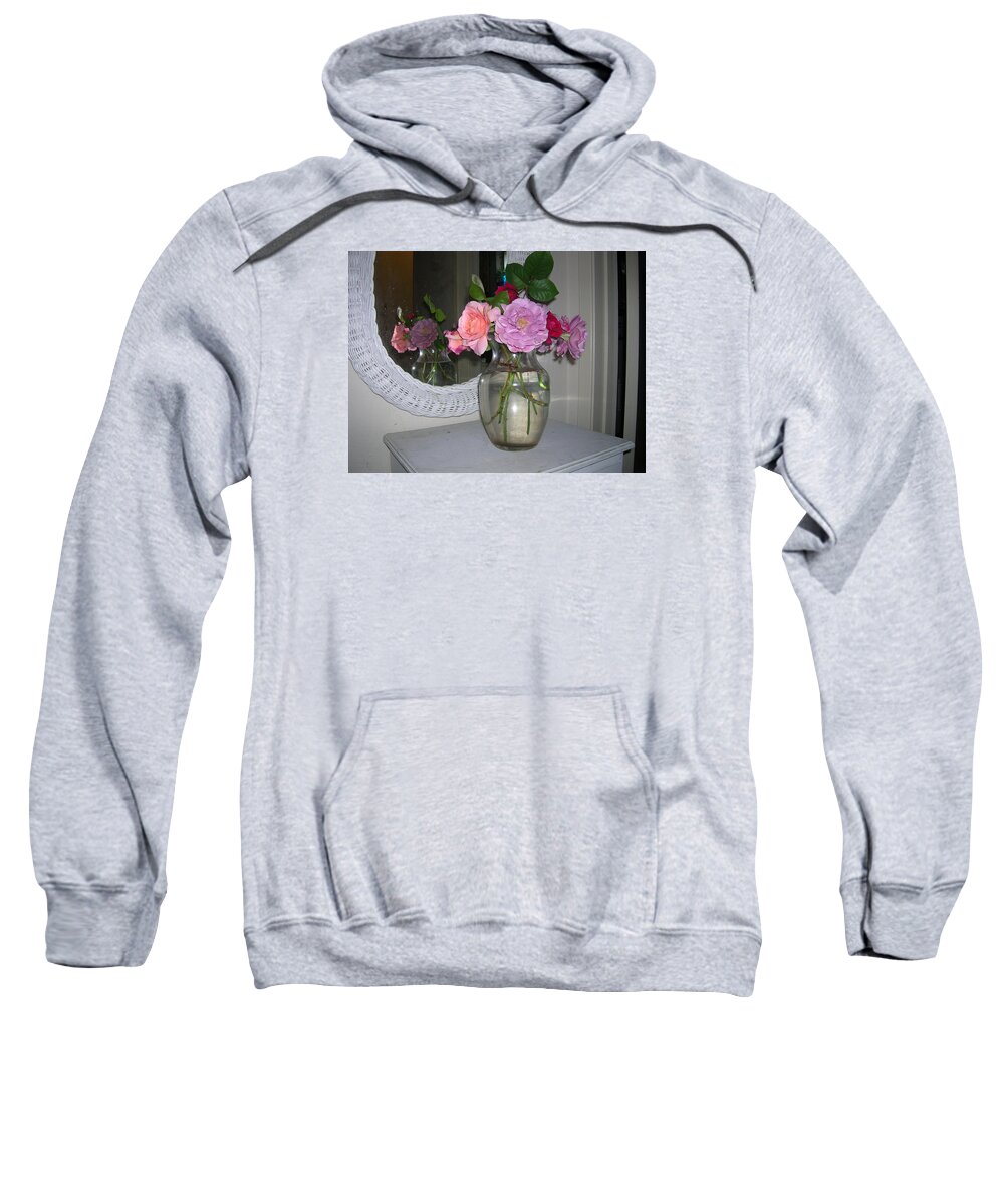  Reflection Sweatshirt featuring the photograph Reflection of Roses by Carolyn Donnell
