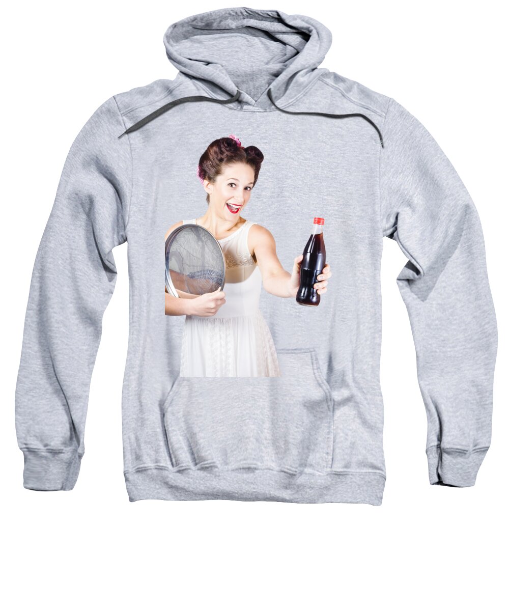 Soda Sweatshirt featuring the photograph Retro pin-up girl giving bottle of soft drink by Jorgo Photography