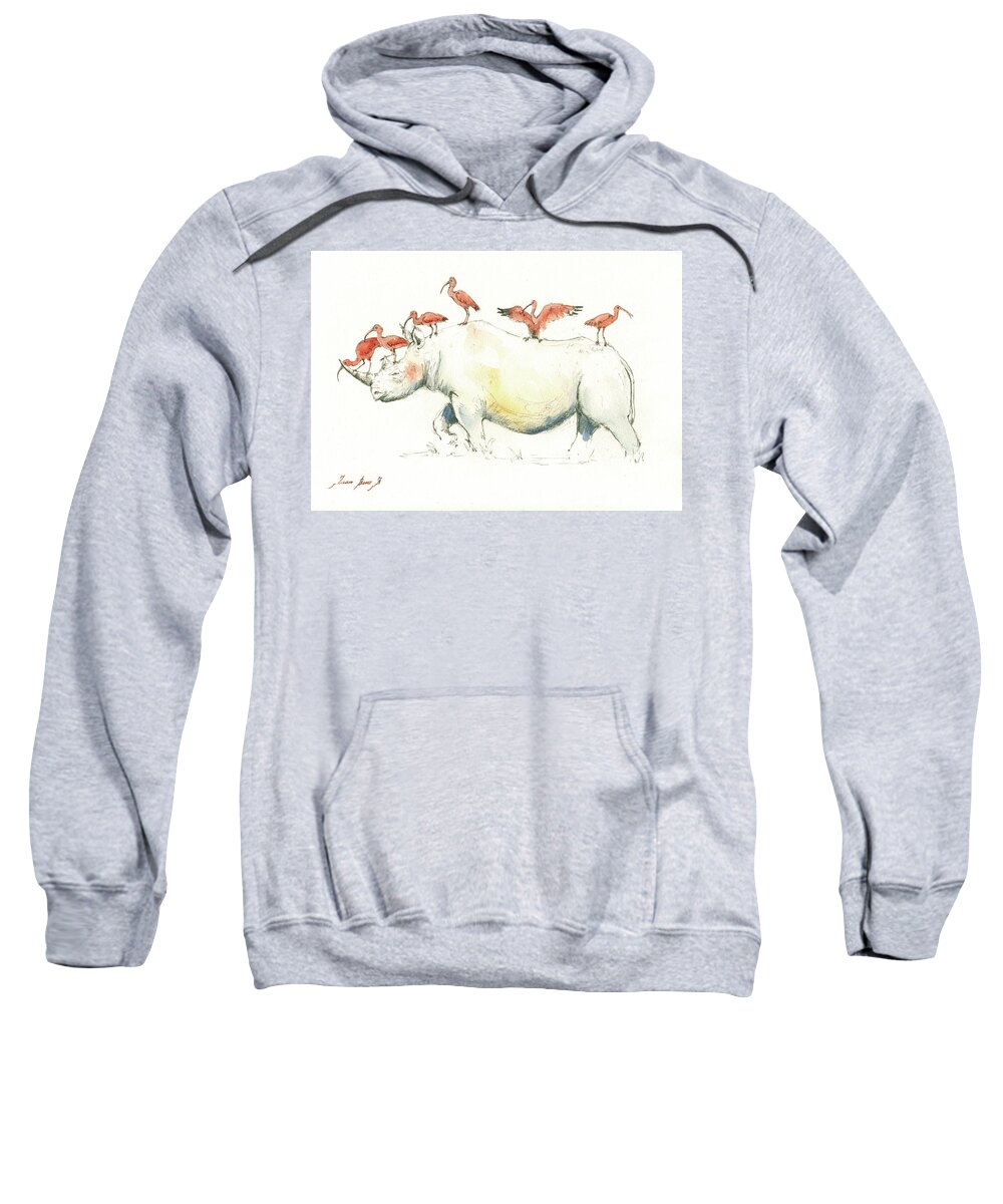 Rhino Sweatshirt featuring the painting Rhino and ibis by Juan Bosco