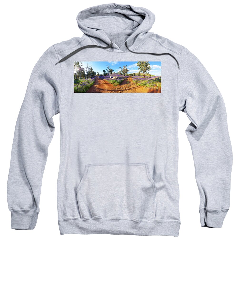 Salvation Jane Pattersons Curse Willow Springs Station Flinders Ranges Wild Flowers Fork In The Road Dirt Trakcs Ausralia South Australian Landscape Landscapes Pano Panorama Panoramic Sweatshirt featuring the photograph Roads to Salvation Jane by Bill Robinson