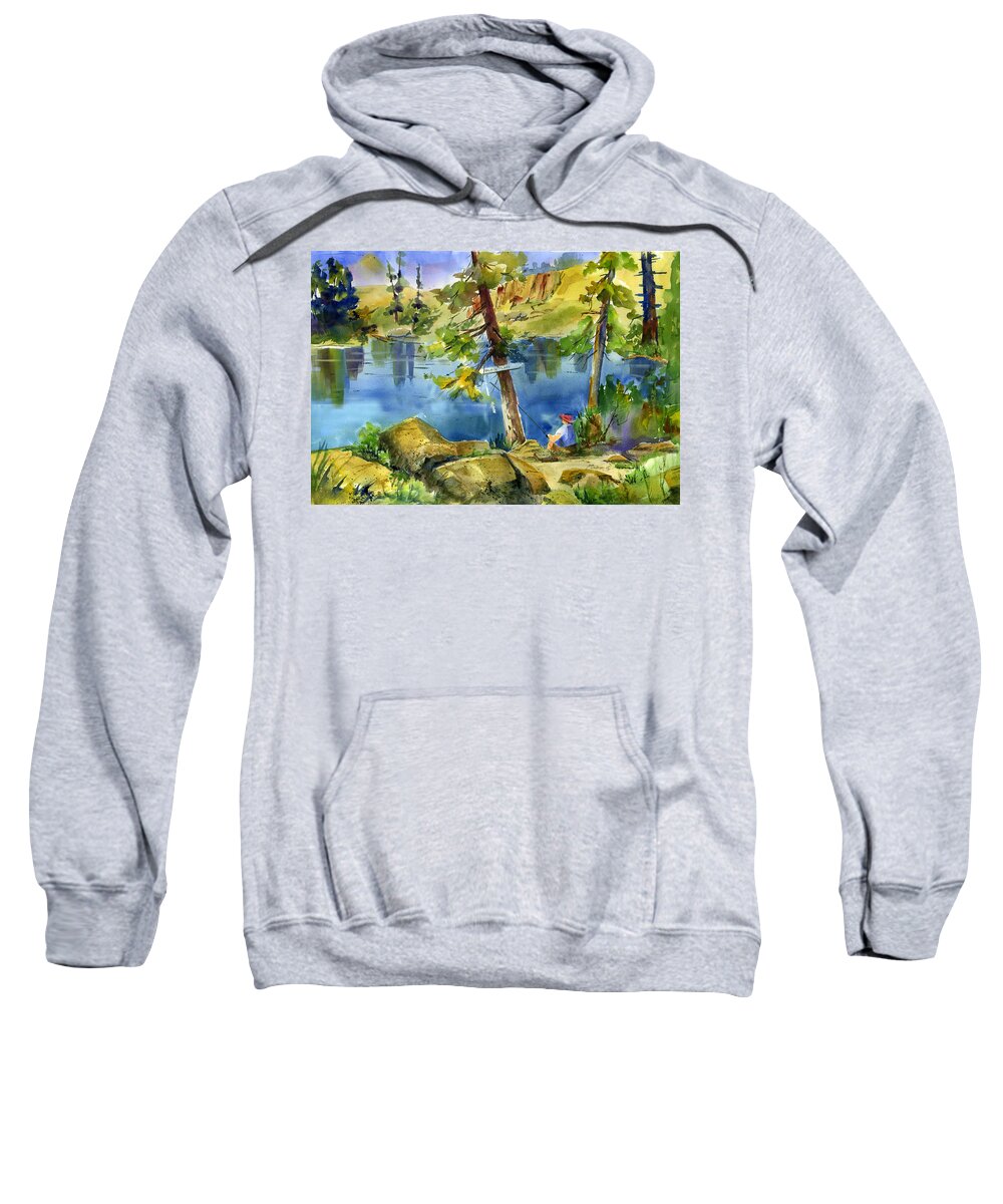 Salmon Lake Sweatshirt featuring the painting Salmon Lake Fisherman by Joan Chlarson