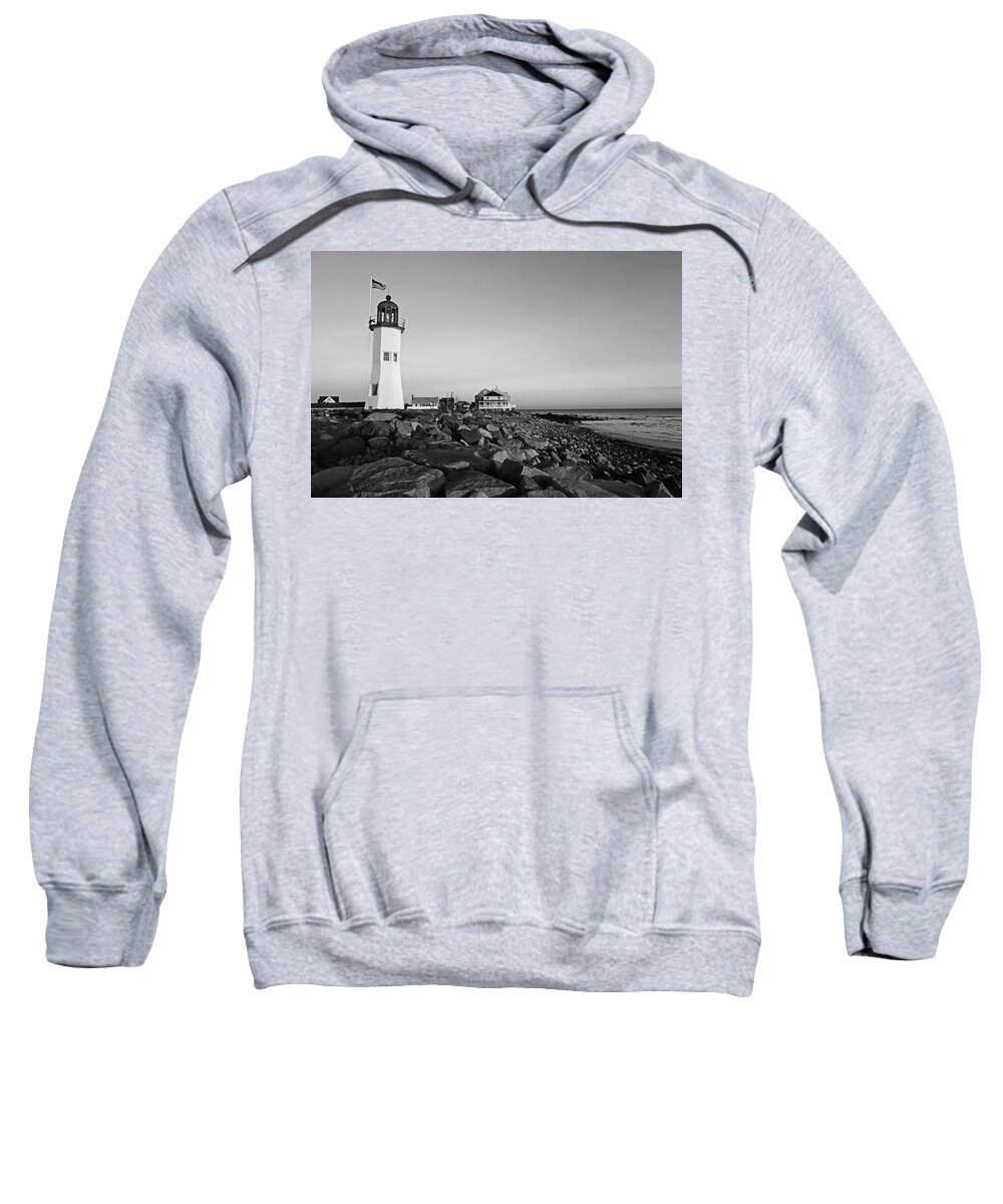Scituate Sweatshirt featuring the photograph Scituate Lighthouse Scituate Massachusetts South Shore at Sunrise Rocks Black and White by Toby McGuire