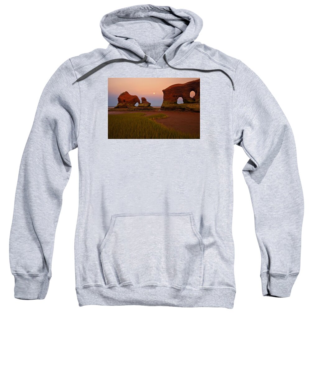Coastal Sweatshirt featuring the photograph Sea Stacks And Moon At Twilight by Irwin Barrett