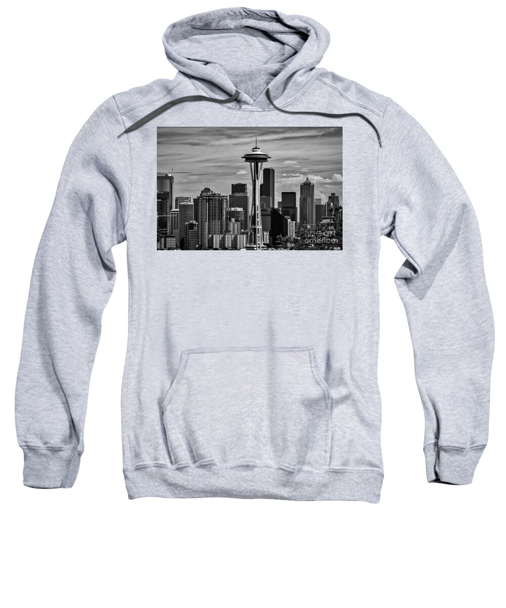 Space-needle Sweatshirt featuring the photograph Seattle Skyline In Black and White by Kirt Tisdale