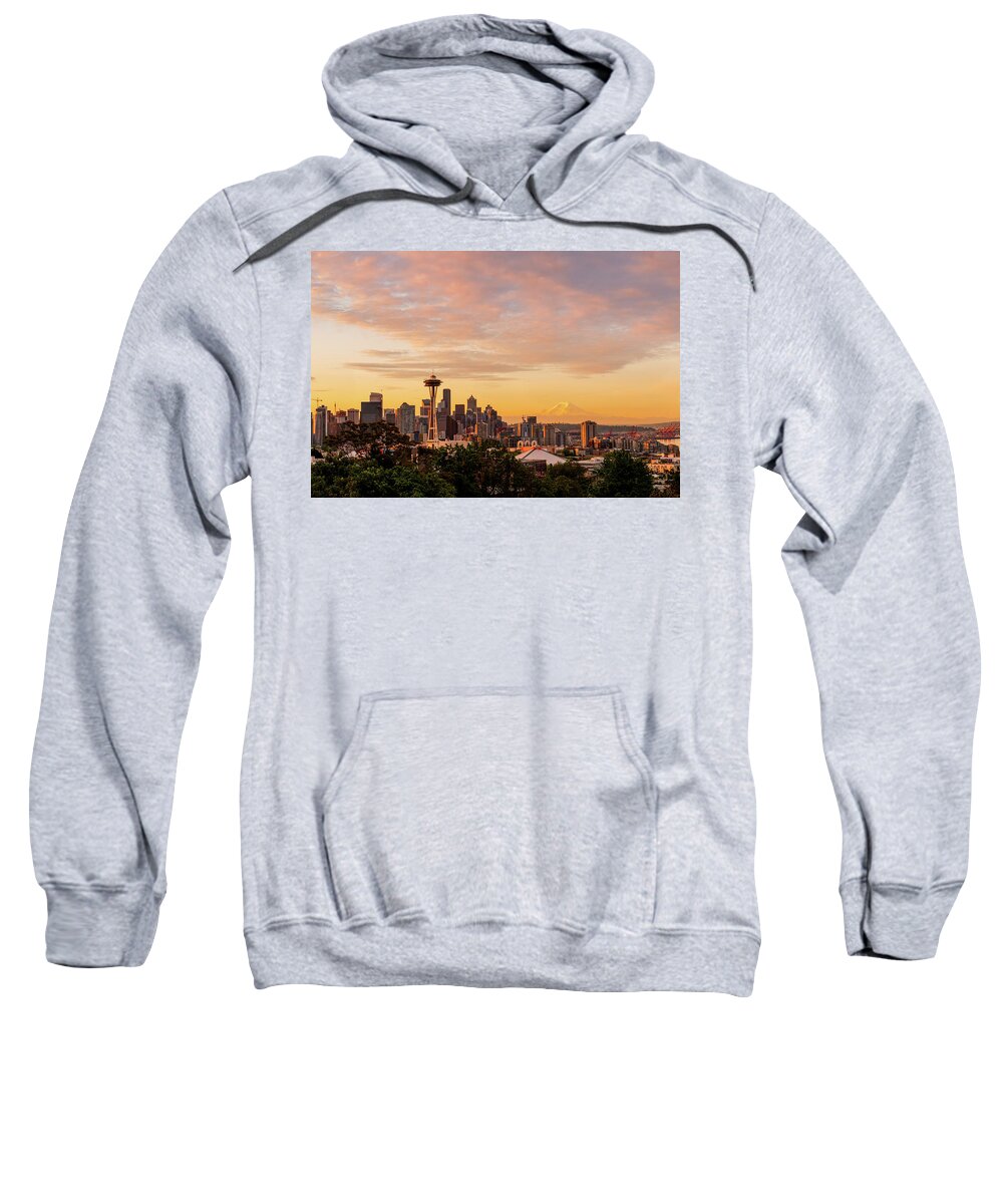 Sunrise; Landscape; Space Needle; Seattle; Kerry Park; Mount Rainier; Cloudy Sweatshirt featuring the digital art Seattle Sunrise by Michael Lee